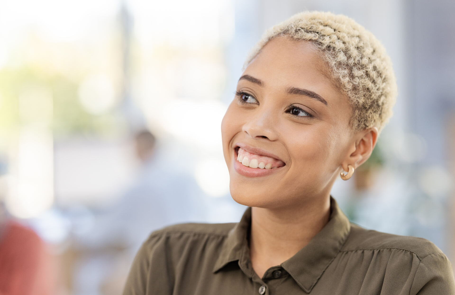 Professional black woman, face and thinking with vision, success and positive mindset with career g.